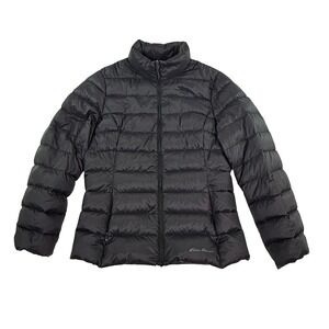 Eddie Bauer Womens Down Puffer Jacket Full Zip Pockets Black Size Medium *Flaw